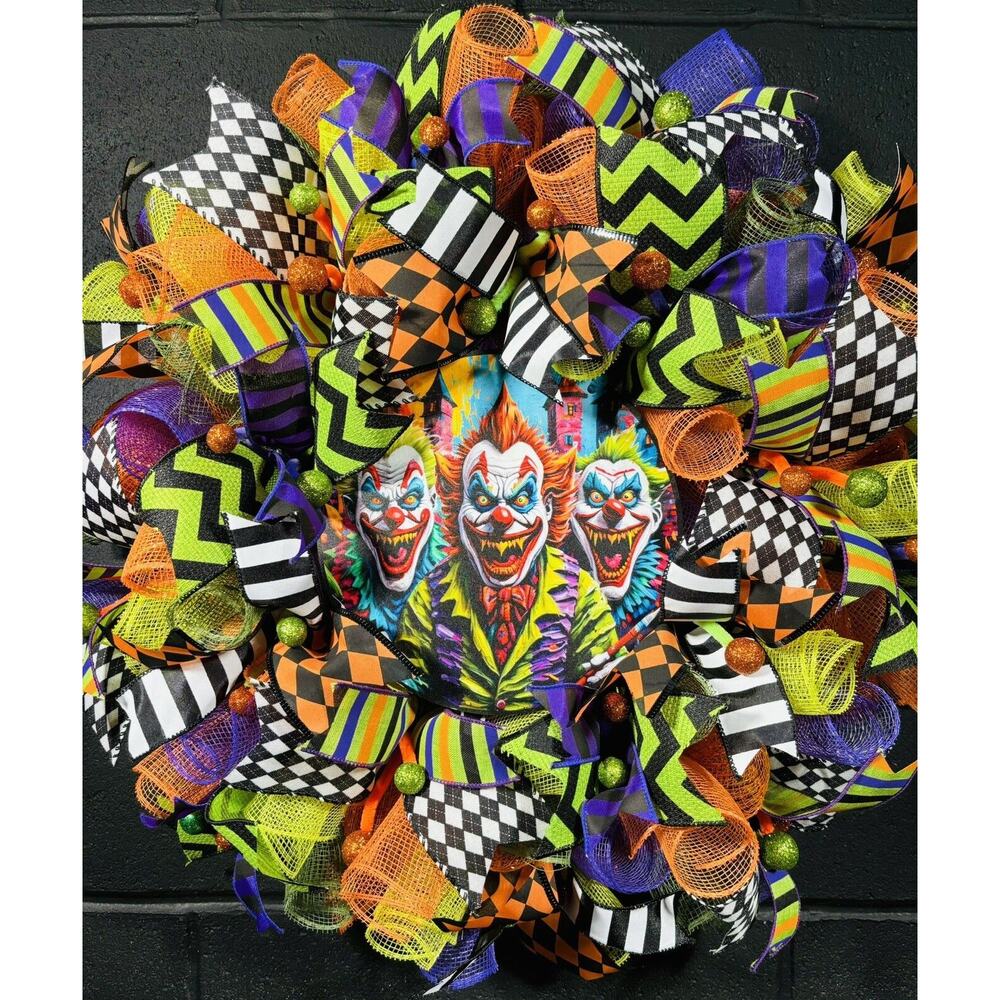 Scary Halloween Wreath Creepy Killer Clowns Handmade XL 24 Inch Deco Mesh